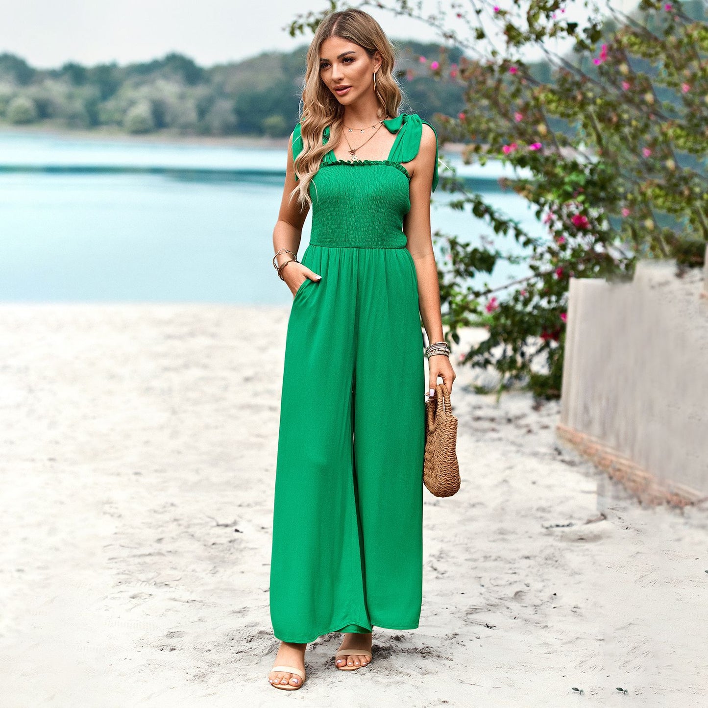 Women Clothing Spring Summer Casual Solid Color High Waist Corset Sling One Piece WideLeg Pants