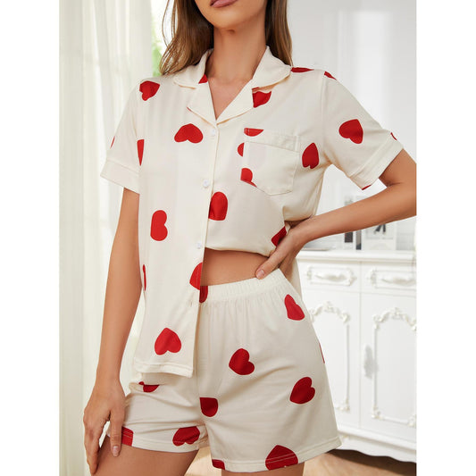 Ladies Homewear Spring Summer Heart Printing Comfortable Short Sleeve Shorts Two Piece Pajamas Women