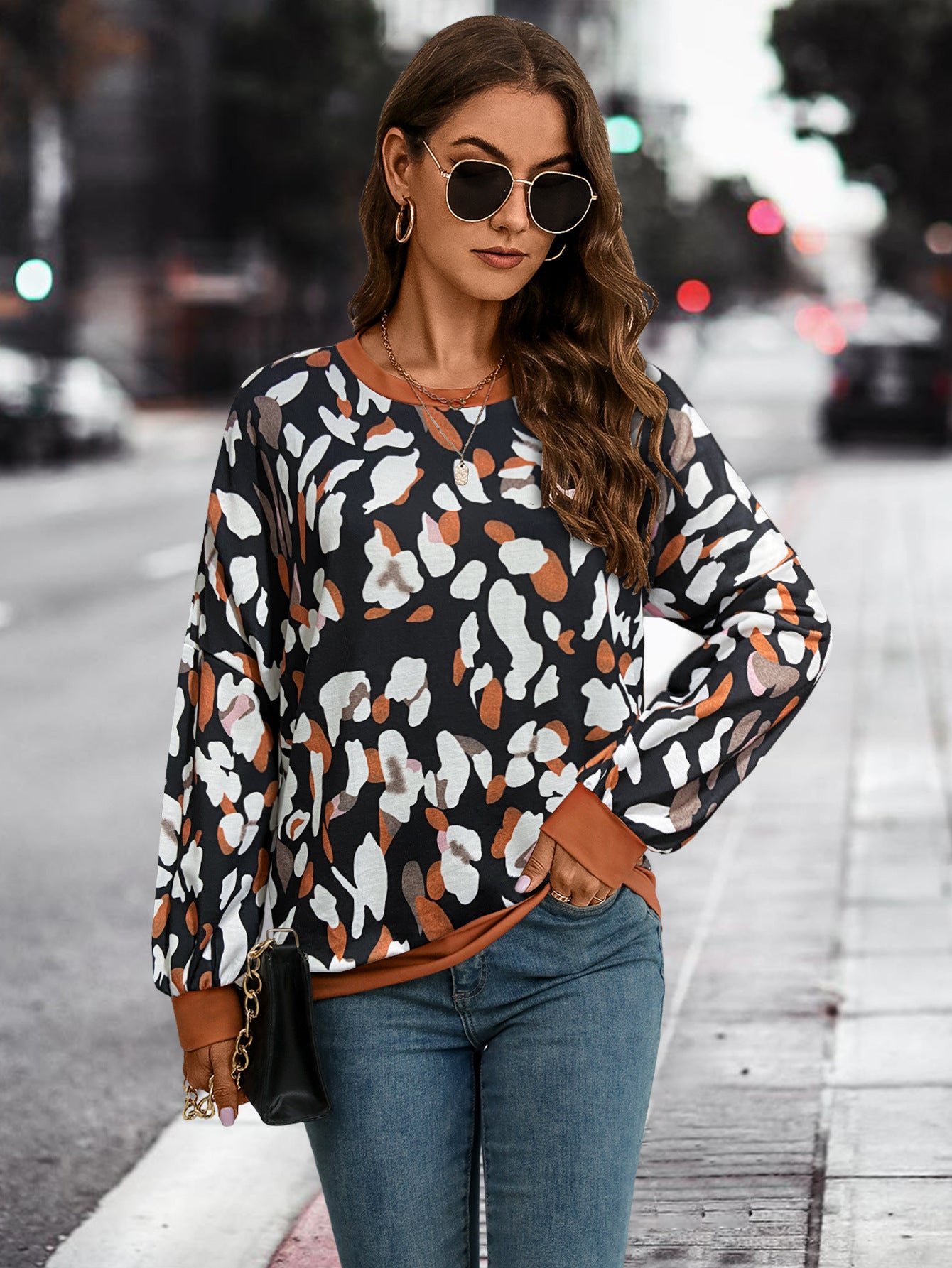 Autumn Winter Women Clothing Popular round Neck Drop Shoulder Lantern Sleeve Printed Sweater