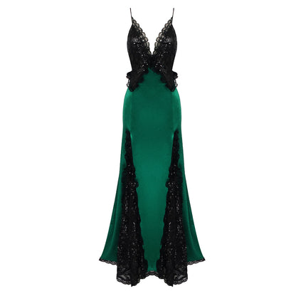 Robe gothique en satin à paillettes et dentelle noire, patchwork, robe longue vintage verte, vêtements pour femmes