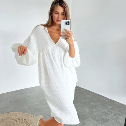 Pyjama d'automne en coton à double couche et col en V pour femme, ample, manches lanternes, doux pour la peau, pur coton, vêtements de confinement, vêtements d'intérieur