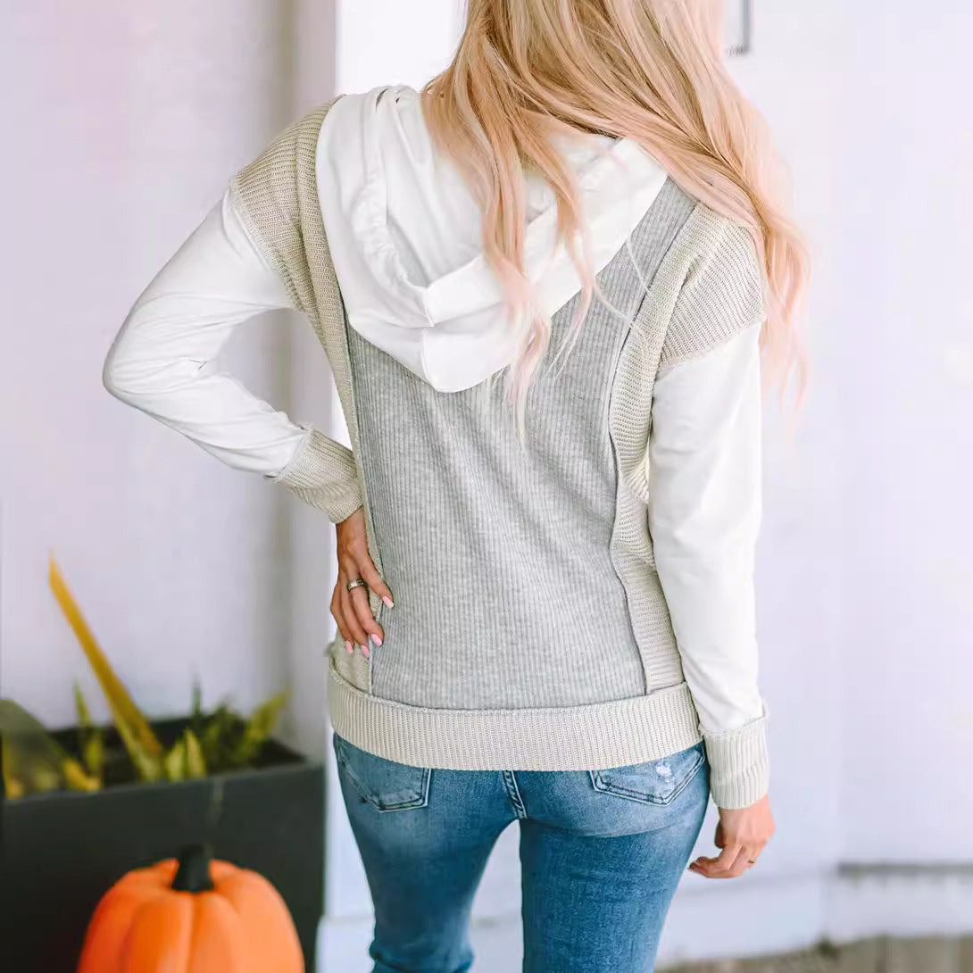 Sweat à capuche assorti de couleurs pour femme au début de l'automne, pull décontracté à manches longues en tricot texturé pour femme