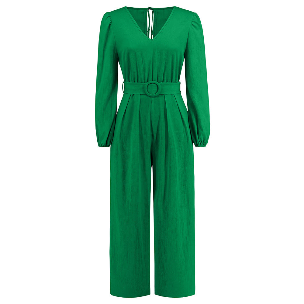 Lässiger, einfarbiger Jumpsuit mit V-Ausschnitt, langen Ärmeln, schmaler, gerader Beinschnitt, Gürtel