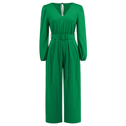 Lässiger, einfarbiger Jumpsuit mit V-Ausschnitt, langen Ärmeln, schmaler, gerader Beinschnitt, Gürtel