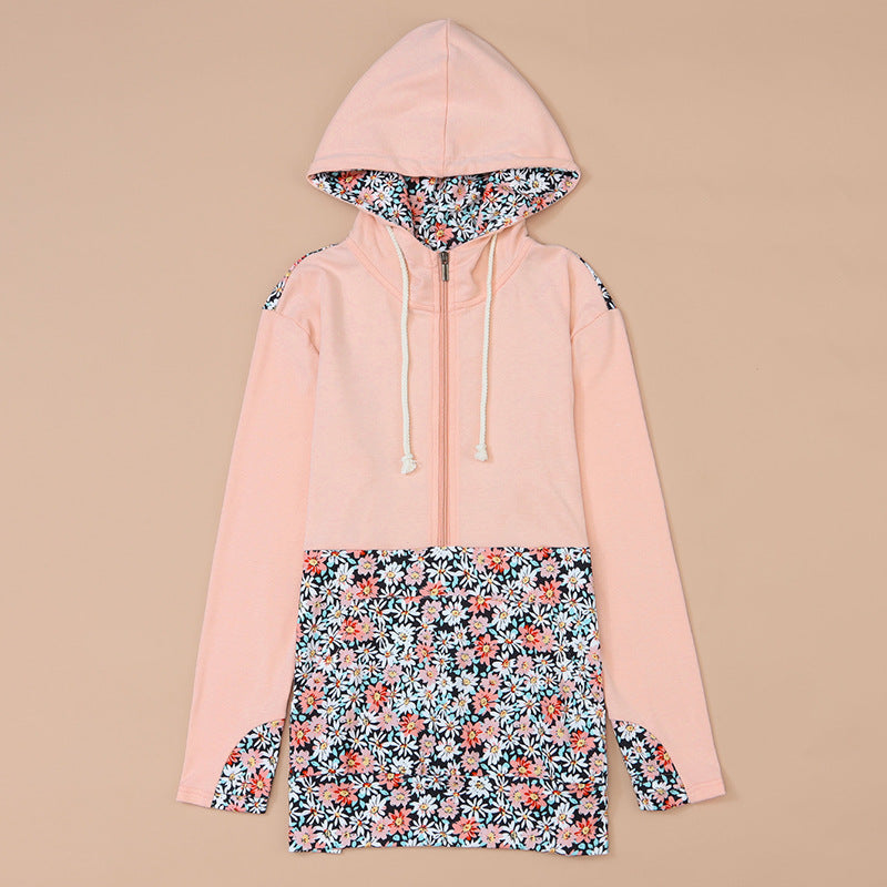 Casual Floral Print Pullover for Women Autumn Loose Half Zipper Contrast Color Hooded Sweatshirt for Women