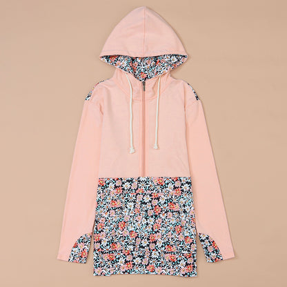 Casual Floral Print Pullover for Women Autumn Loose Half Zipper Contrast Color Hooded Sweatshirt for Women