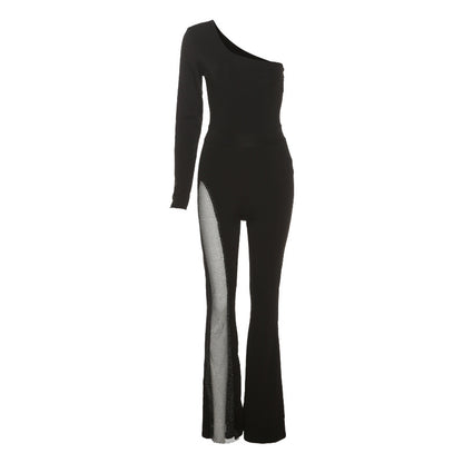 Herbst Frauen Kleidung Schulter Langarm Sexy Mesh Nähte Micro Pull Jumpsuit Frauen