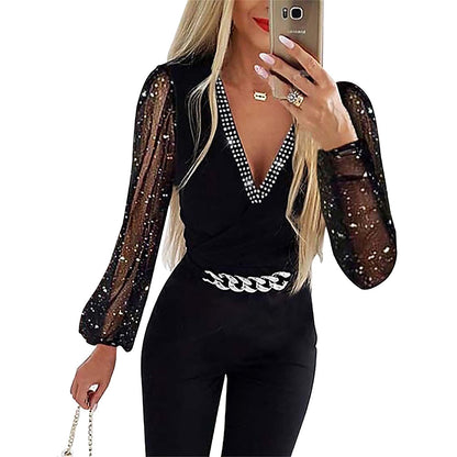 Herbst Damen Kleidung Einfarbig V-Ausschnitt Langarm Strass Hohe Taille Professioneller Casual Jumpsuit