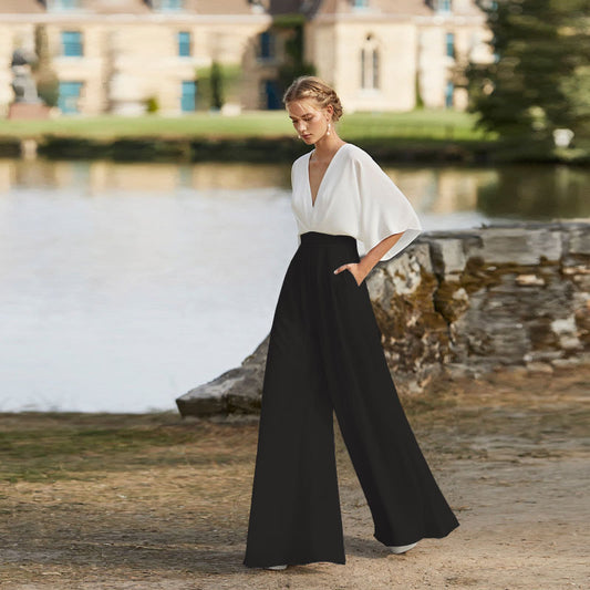 Combinaison à couleur contrastée pour femmes, décolleté en V profond, taille haute, pantalon à jambes larges