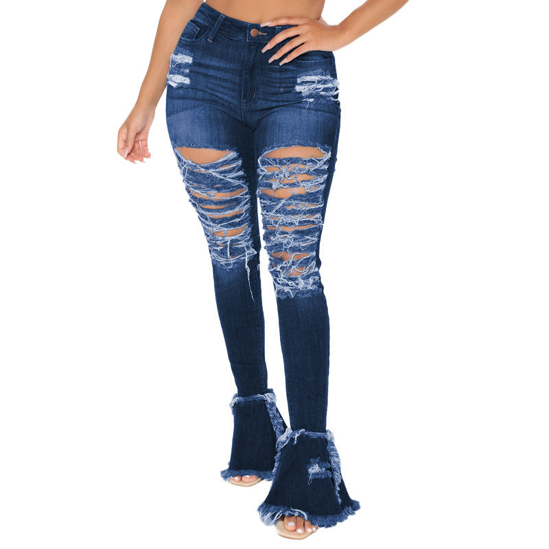 Jeans moulant grande taille pour femmes avec trou de lavage en corne