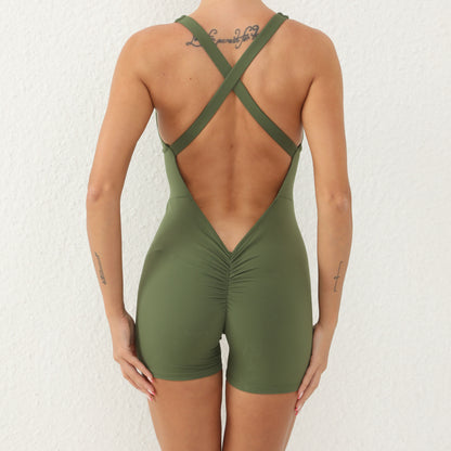 Rückenfreier Fitness-Yoga-Overall mit überkreuzten Schultergurten, ärmellos, ausgehöhlt, mit Cut-Out, Beauty-Rücken, V-förmige Rückentaille, schmal geschnittene Fitnesshose