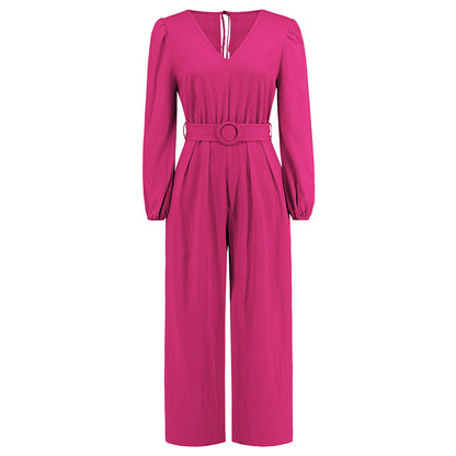 Lässiger, einfarbiger Jumpsuit mit V-Ausschnitt, langen Ärmeln, schmaler, gerader Beinschnitt, Gürtel