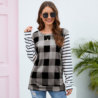 Plaid Long-Sleeved Sweater round Neck Striped Sweater Plush