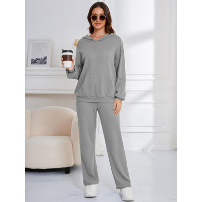 Ensemble pyjama décontracté à capuche pour femme, pantalon ample à manches longues et gaufré, deux pièces, vêtements de maison