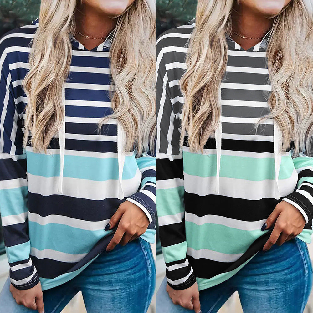 Autumn Wish Striped Hooded Long Sleeve Loose-Fitting Casual Pullover