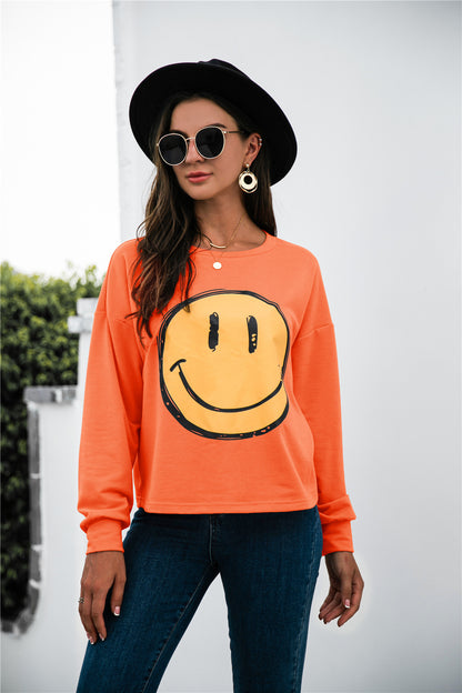 Sweat-shirt décontracté à manches longues avec imprimé smiley et col rond pour l'automne et l'hiver