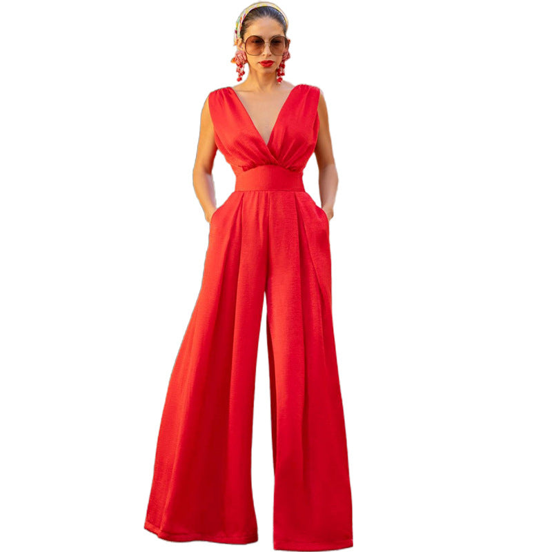 Damen Sommer Eleganter Schlanker Jumpsuit mit hoher Taille und einfarbig