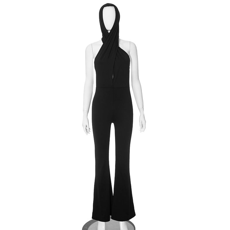 Schwarzer rückenfreier Jumpsuit mit Kapuze für Damen, sexy Design