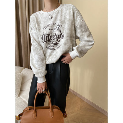 Mottled Tone Casual Letter Graphic Printed Casual round Neck Loose Shoulder Sweater