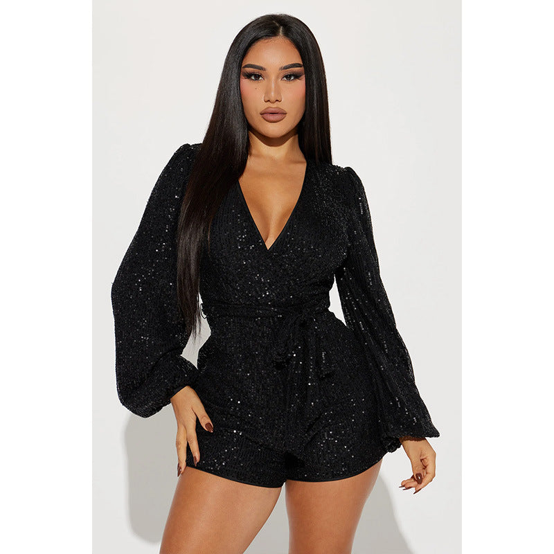 Office Long Sleeve Solid Color Sequ V Neck Belt Women Romper