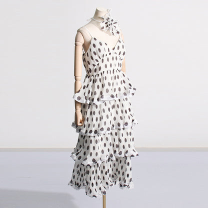 Robe rétro artistique française à volants, robe à bretelles taille haute à pois et à fleurs pour femmes