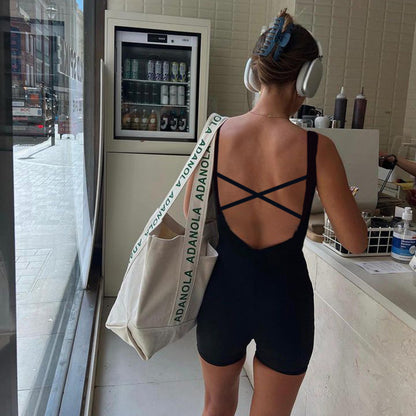 Lässige Street-Style-Einfarbiger, quadratischer Kragen, gekreuzte, ausgehöhlte Aussparung, rückenfrei, mit Schnürung, Sport-Jumpsuit, Yoga, Fitness, einteilige Hose