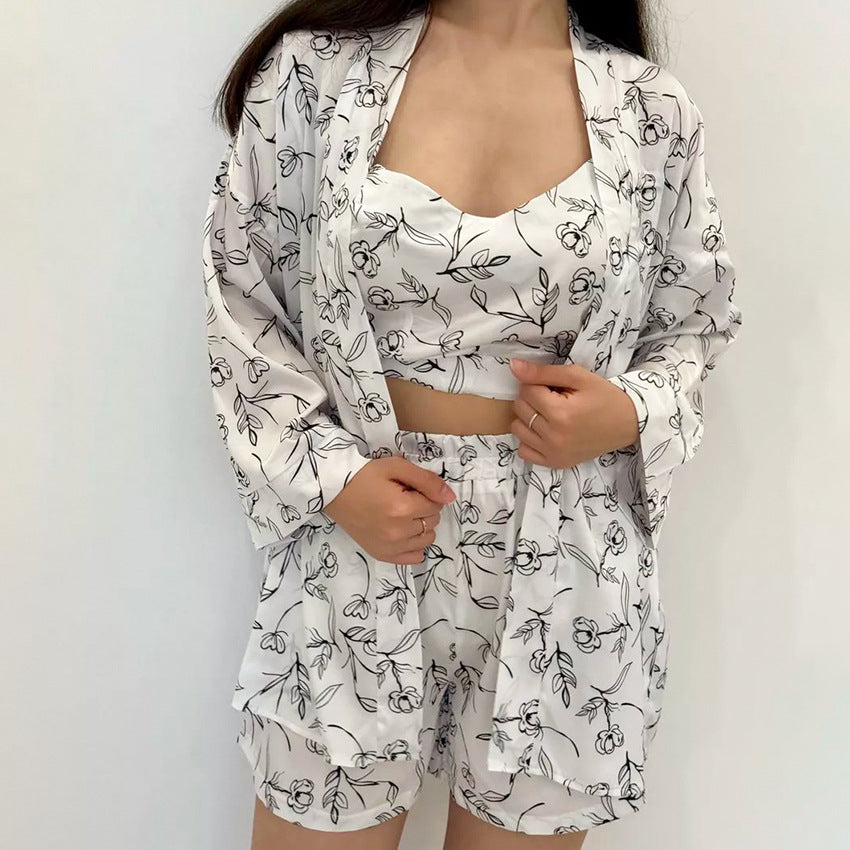 Artificial Silk Underwear Shorts Outerwear Gown Pajamas Three Piece Set Loose Lace up Ice Feeling Home Wear