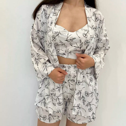 Artificial Silk Underwear Shorts Outerwear Gown Pajamas Three Piece Set Loose Lace up Ice Feeling Home Wear