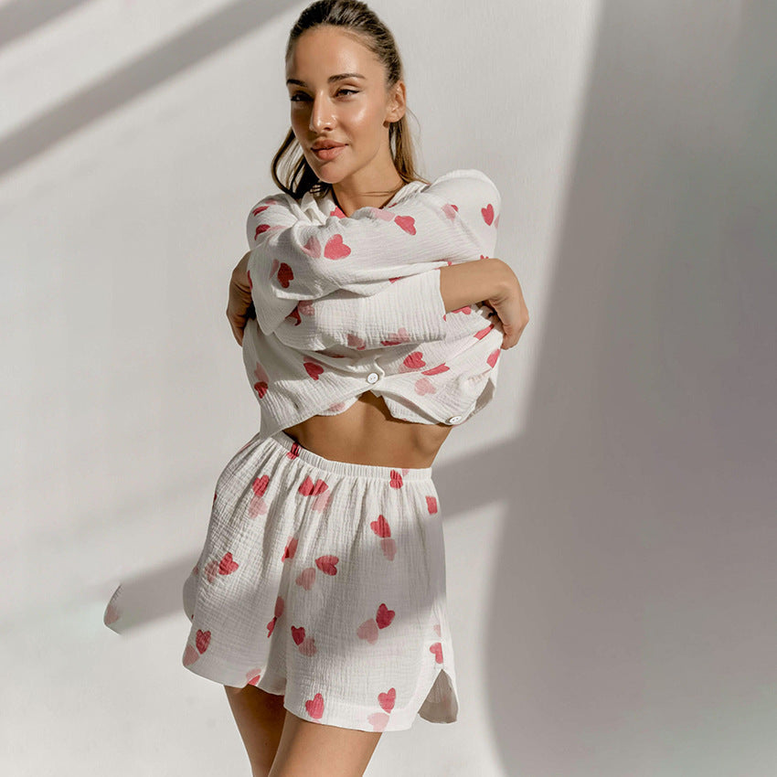 Pyjama en coton crêpe doux à imprimé cœur pour femme, ensemble short à manches longues, vêtements de détente d'été