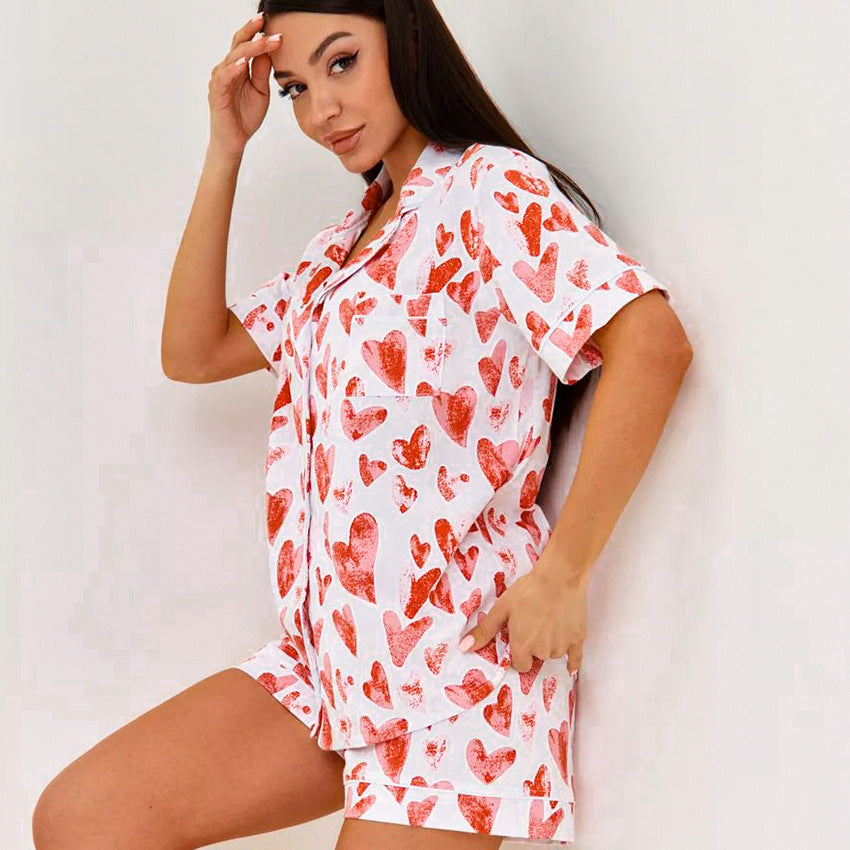 Pyjama imprimé coeur femme été ample décontracté à manches courtes short vêtements de maison