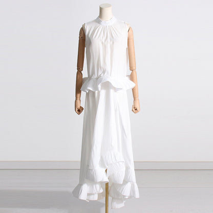 Summer Pleated Stand Collar Sleeveless Top Asymmetric Patchwork Ruffled Skirt Two Piece Suit