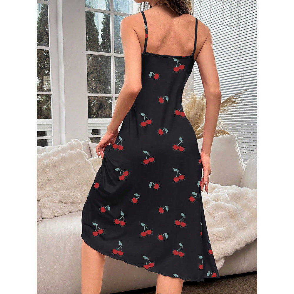 Print Mid Length Dress Nightdress Sexy Comfortable Homewear Women