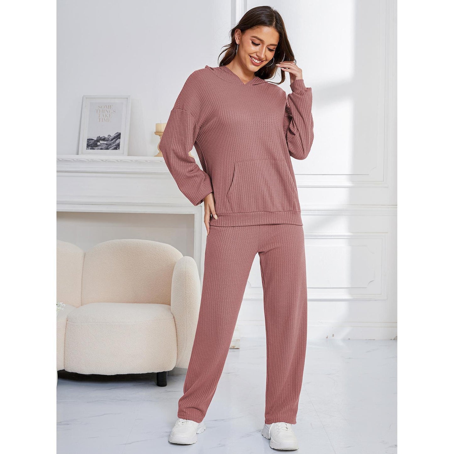 Ensemble pyjama décontracté à capuche pour femme, pantalon ample à manches longues et gaufré, deux pièces, vêtements de maison