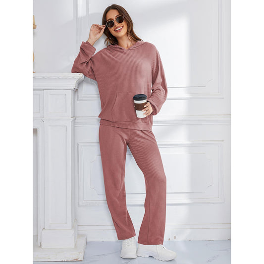 Ensemble pyjama décontracté à capuche pour femme, pantalon ample à manches longues et gaufré, deux pièces, vêtements de maison