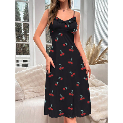 Print Mid Length Dress Nightdress Sexy Comfortable Homewear Women