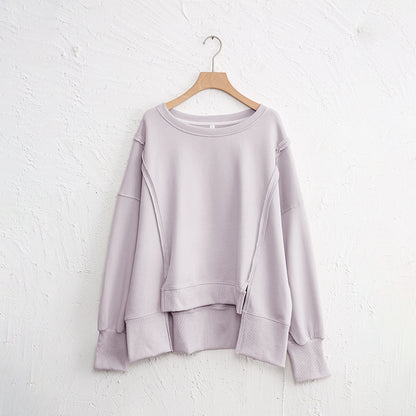 Niche Design Patchwork Sweater Spring Loose Terry Hem Irregular Asymmetric Top Women