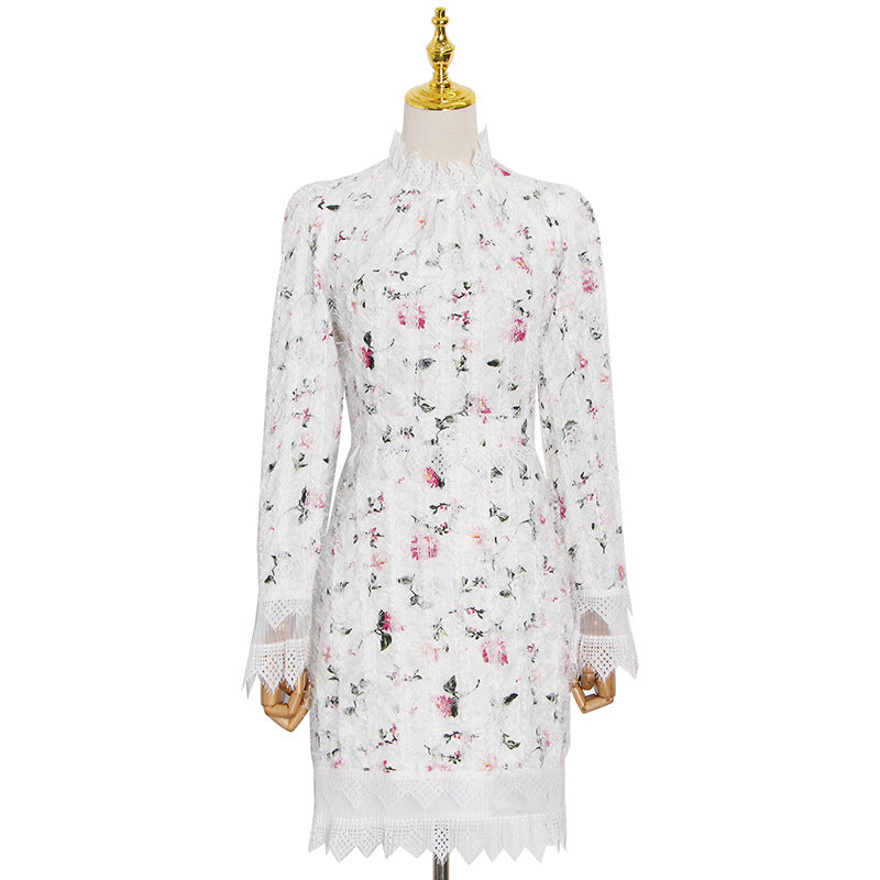 Robe courte à manches longues et col en dentelle florale pour fille française, douce et élégante, automne et hiver