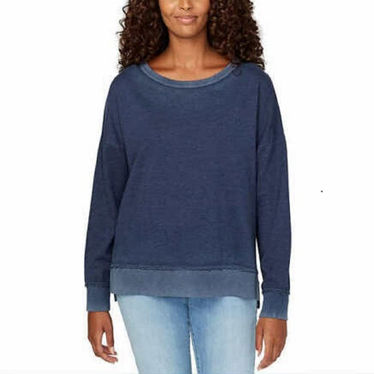 Sweat-shirt décontracté à manches longues et col rond pour femme, couleur unie, avec fente latérale, collection automne et hiver