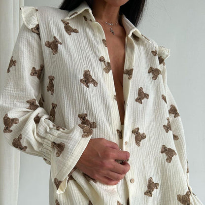 Pyjama deux pièces ample à manches longues et imprimé ours japonais d'automne, ensemble confortable en coton doux pour la peau, vêtements de maison pour femmes