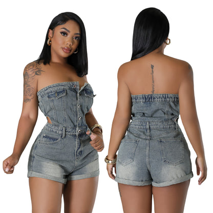 Lässiges Tube-Top Damenbekleidung Slim Fit Denim-Overall