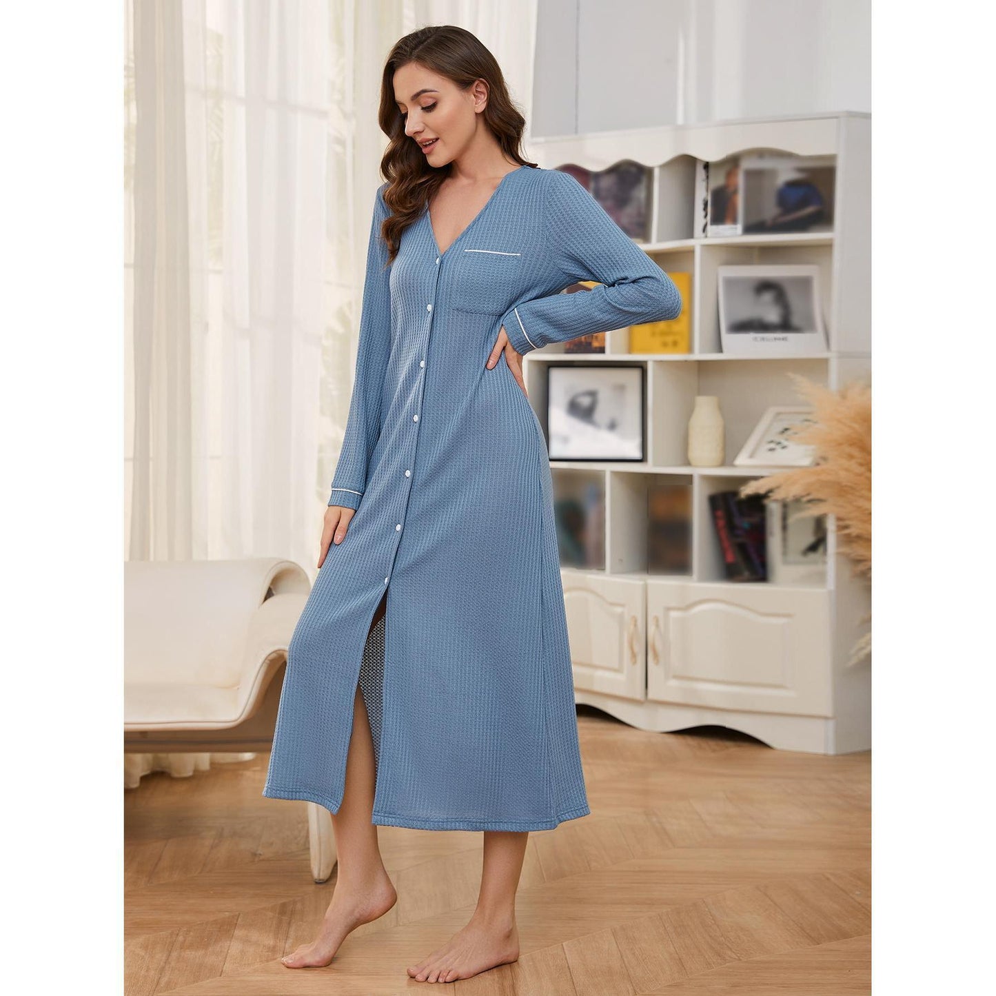 Chemise de nuit à manches longues pour femme, chemise longue gaufrée, automne-hiver, peut être portée à l'extérieur