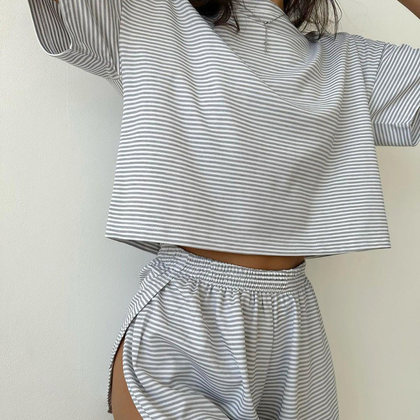 Autumn Knitted Striped Pajamas Loose Short Sleeved Shorts Suit Outerwear Homewear Women