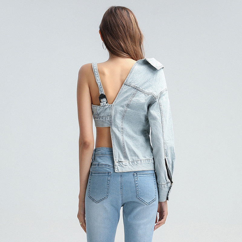 Niche Asymmetric Denim Jacket Fashionable Elegant Sexy Collared Cropped Outfit Denim Jacket