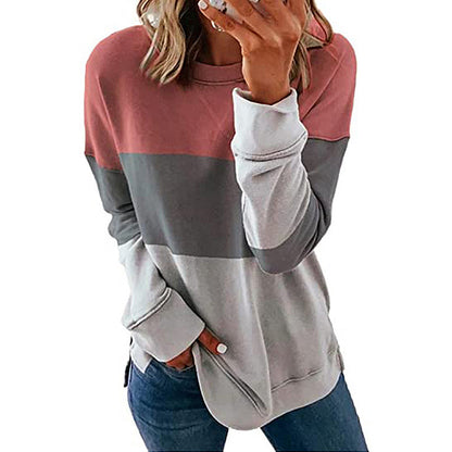 Autumn Winter Women Clothing Printing Color Contrast Patchwork Round Neck Long Sleeve Sweater