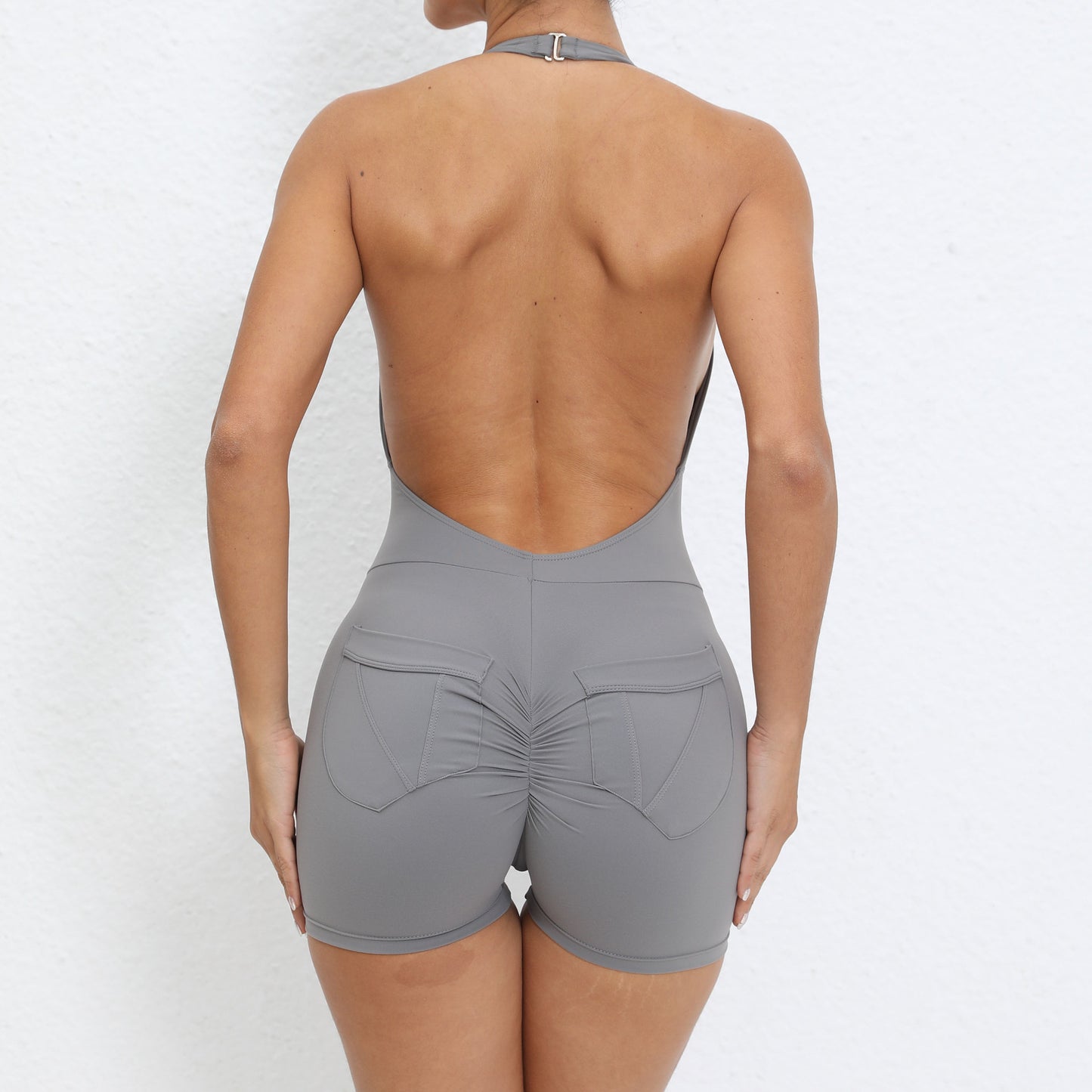 Combinaison de yoga dos nu pour femme, tenue de sport moulante, dos nu, avec poches, sensation chair, levage des hanches