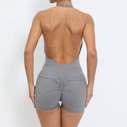 Combinaison de yoga dos nu pour femme, tenue de sport moulante, dos nu, avec poches, sensation chair, levage des hanches