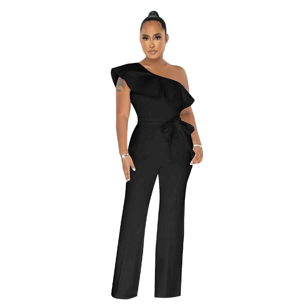 Women Clothing Solid Color Ruffles Jumpsuit Containing Belt