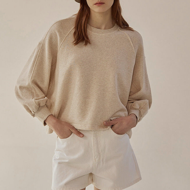 Sweat à capuche ample à manches courtes et lanternes pour femme, pull décontracté en pur coton français, automne et hiver