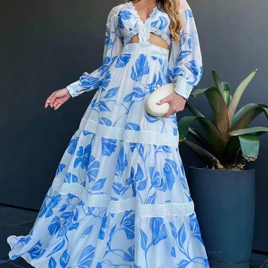 Robe longue imprimée sexy à taille haute pour les vacances au printemps, haut tube à manches lanternes, tenue courte