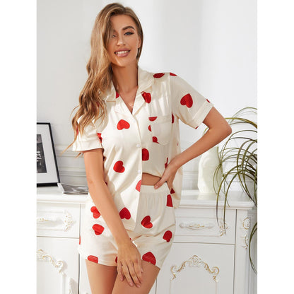 Ladies Homewear Spring Summer Heart Printing Comfortable Short Sleeve Shorts Two Piece Pajamas Women